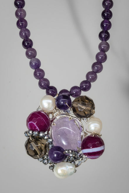 Colier Ametist cu Agate și Perle - Bijuterie Statement Handmade - OK Lux. All rights reserved. - Coliere - 