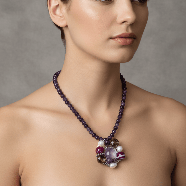 Colier Ametist cu Agate și Perle - Bijuterie Statement Handmade - OK Lux. All rights reserved. - Coliere - 