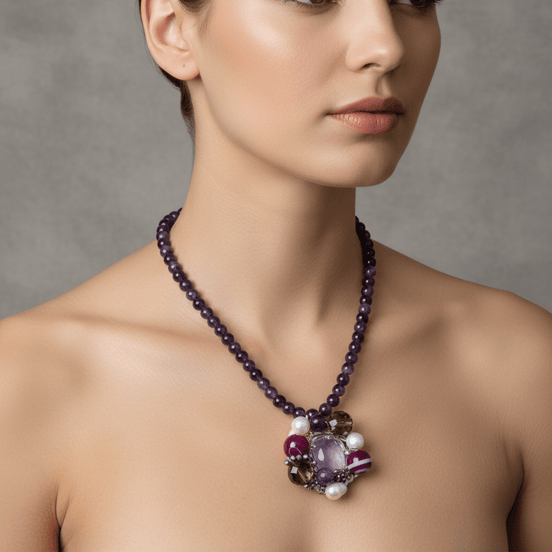 Colier Ametist cu Agate și Perle - Bijuterie Statement Handmade - OK Lux. All rights reserved. - Coliere - 