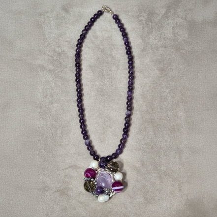 Colier Ametist cu Agate și Perle - Bijuterie Statement Handmade - OK Lux. All rights reserved. - Coliere - 