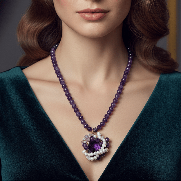 Colier Ametist cu Perle - Bijuterie Statement Handmade cu Închizătoare Oțel - OK Lux. All rights reserved. - Coliere - 