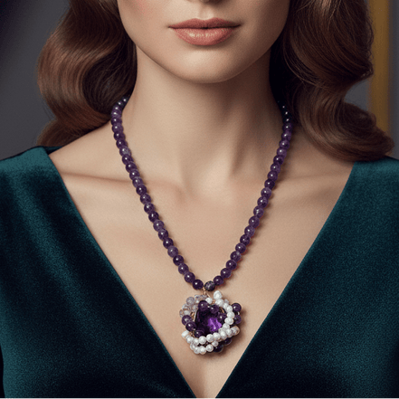 Colier Ametist cu Perle - Bijuterie Statement Handmade cu Închizătoare Oțel - OK Lux. All rights reserved. - Coliere - 