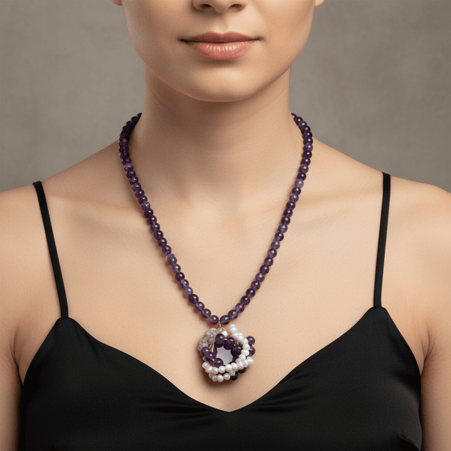 Colier Ametist cu Perle - Bijuterie Statement Handmade cu Închizătoare Oțel - OK Lux. All rights reserved. - Coliere - 