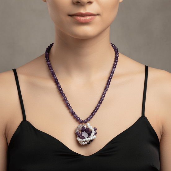 Colier Ametist cu Perle - Bijuterie Statement Handmade cu Închizătoare Oțel - OK Lux. All rights reserved. - Coliere - 