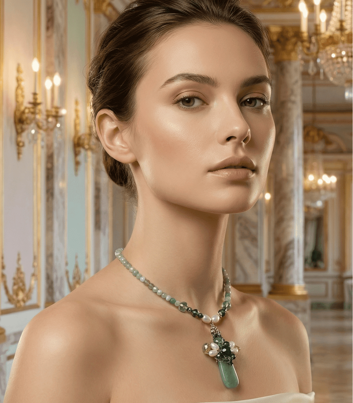 Colier handmade aventurin verde și perle naturale cu pandantiv cluster și stele - design celestial