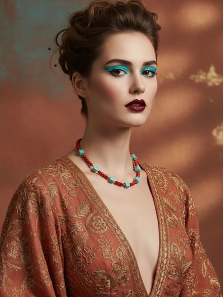 Detaliu colier cu pietre semiprețioase amazonit, coral, hematit și oțel inoxidabil - design contemporan