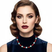 Femeie poarta  colier cu pietre semiprețioase amazonit, coral, hematit și oțel inoxidabil - design contemporan