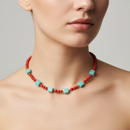 Colier cu pietre semiprețioase amazonit turcoaz, coral roșu și hematit auriu cu oțel inoxidabil - vedere completă