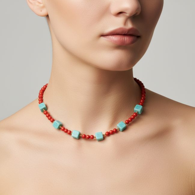 Colier cu pietre semiprețioase amazonit turcoaz, coral roșu și hematit auriu cu oțel inoxidabil - vedere completă