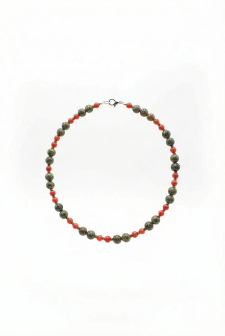Colier cu Pietre Semiprețioase: Zoisit, Coral Roșu și Hematit Auriu - OK Lux. All rights reserved. - Necklaces - 