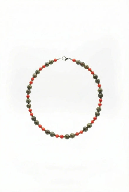 Colier cu Pietre Semiprețioase: Zoisit, Coral Roșu și Hematit Auriu - OK Lux. All rights reserved. - Necklaces - 
