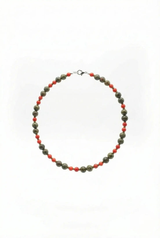 Colier cu Pietre Semiprețioase: Zoisit, Coral Roșu și Hematit Auriu - OK Lux. All rights reserved. - Necklaces - 