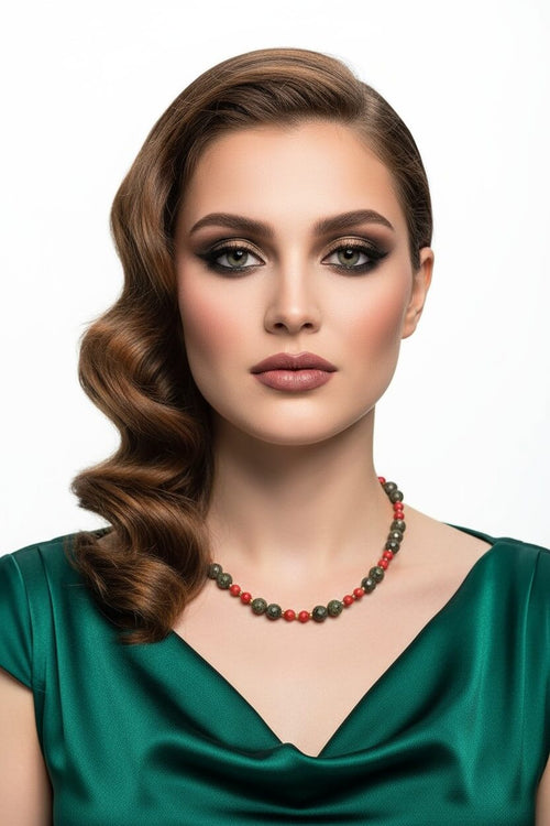 Colier cu Pietre Semiprețioase: Zoisit, Coral Roșu și Hematit Auriu - OK Lux. All rights reserved. - Necklaces - 