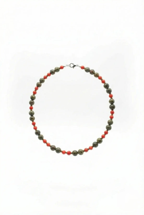 Colier cu Pietre Semiprețioase: Zoisit, Coral Roșu și Hematit Auriu - OK Lux. All rights reserved. - Necklaces - 