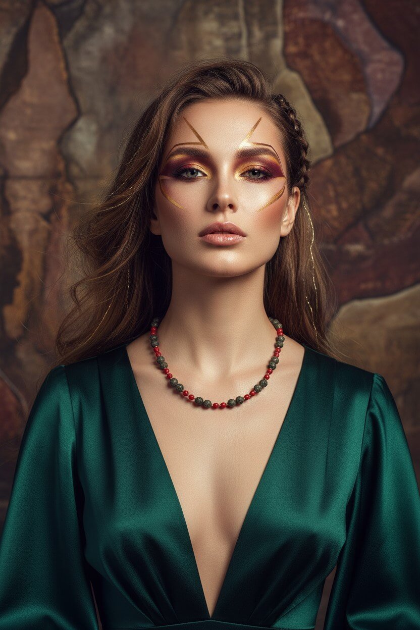 Colier cu Pietre Semiprețioase: Zoisit, Coral Roșu și Hematit Auriu - OK Lux. All rights reserved. - Necklaces - 