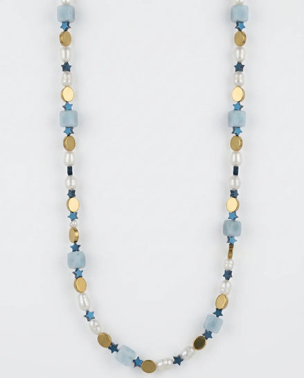 Colier din Acvamarin, Perle și Stele din Hematit - OK Lux. All rights reserved. - Necklaces - 