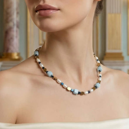 Colier din Acvamarin, Perle și Stele din Hematit - OK Lux. All rights reserved. - Necklaces - 