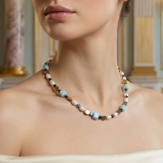 Colier din Acvamarin, Perle și Stele din Hematit - OK Lux. All rights reserved. - Necklaces - 