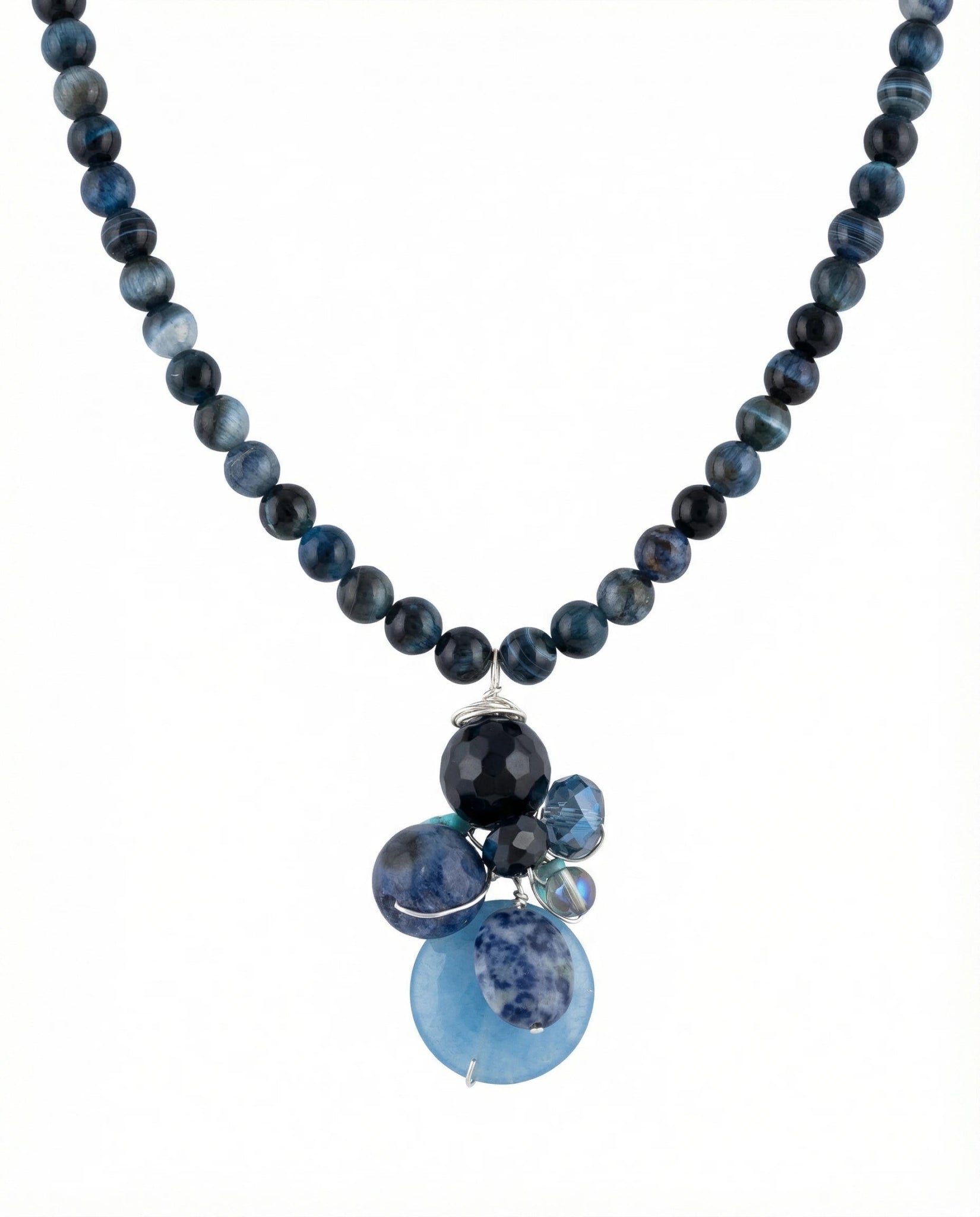 Colier statement din agate dantelate cu pandantiv acvamarin și turcoaz, lungime 40cm 