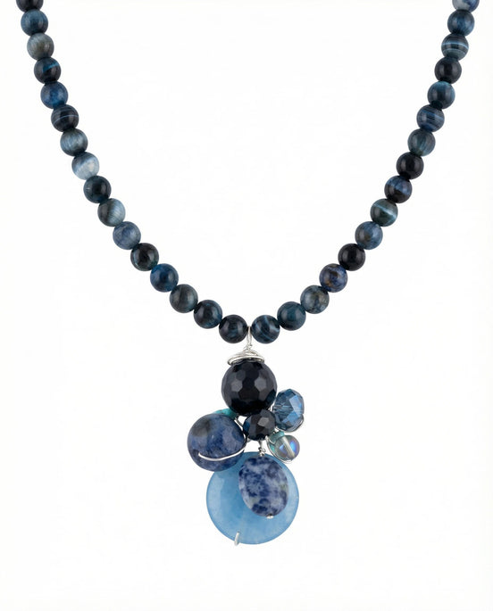 Colier statement din agate dantelate cu pandantiv acvamarin și turcoaz, lungime 40cm 