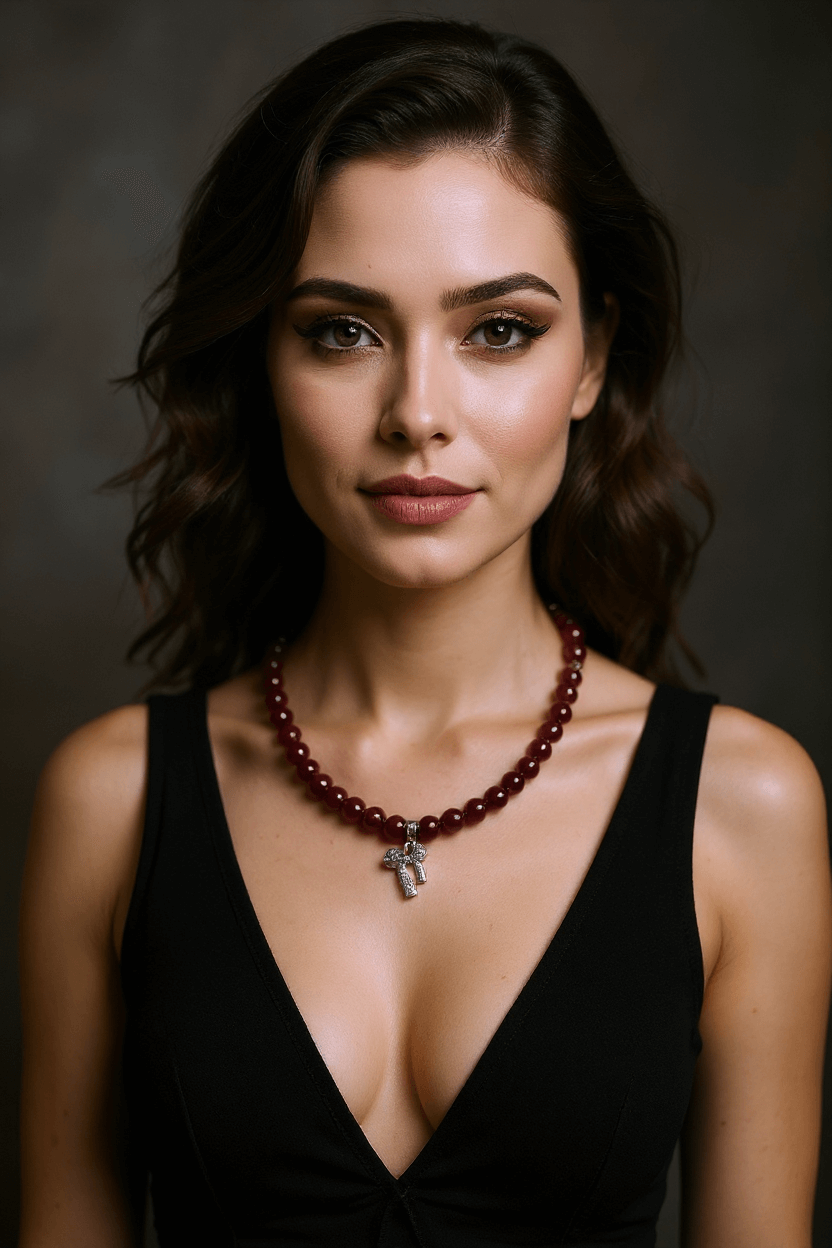 Colier din Argint cu Jad Roșu Fațetat, Pandantiv Fundă și Zirconiu - OK Lux. All rights reserved. - Necklaces - 