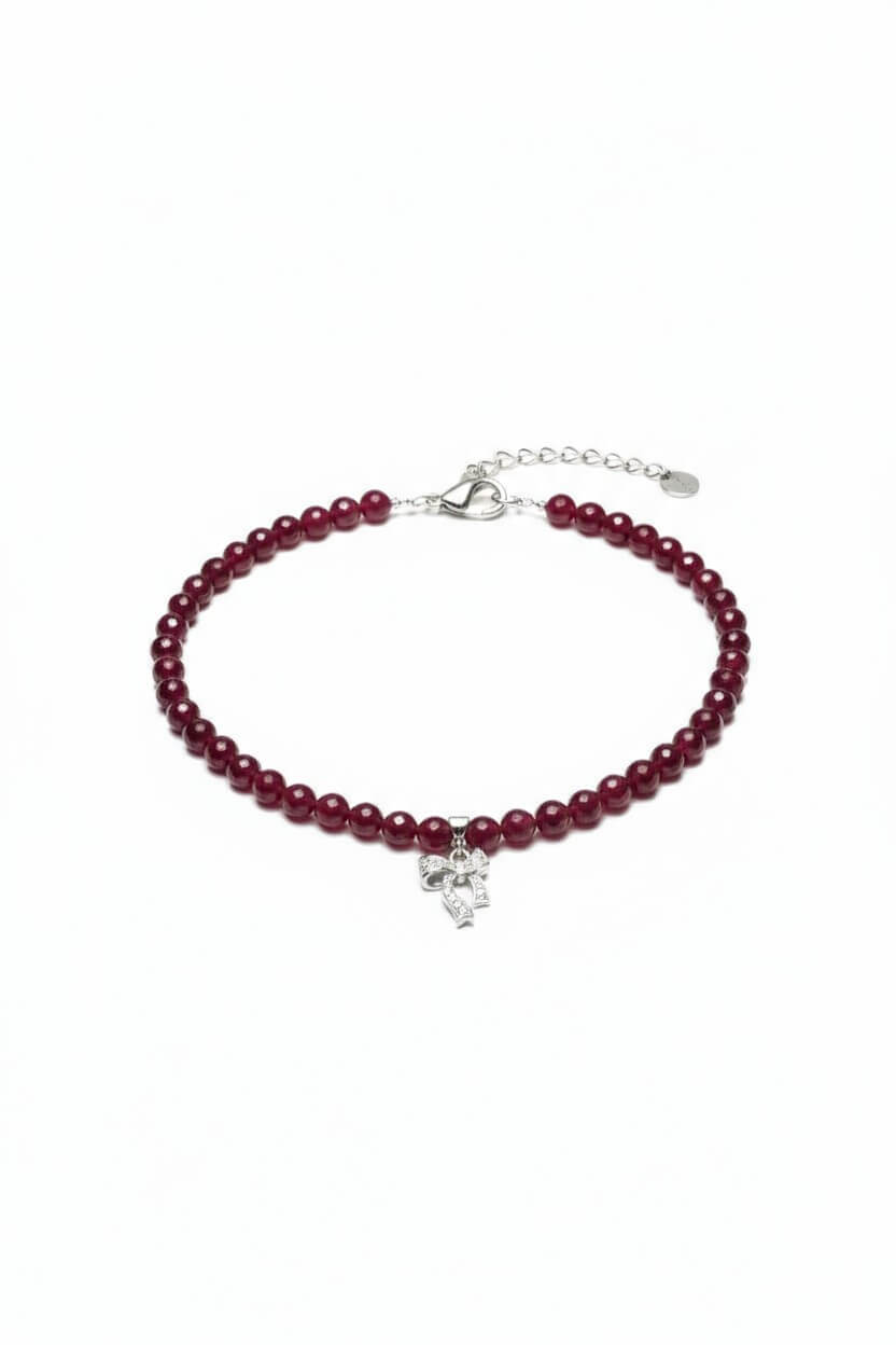 Colier din Argint cu Jad Roșu Fațetat, Pandantiv Fundă și Zirconiu - OK Lux. All rights reserved. - Necklaces - 