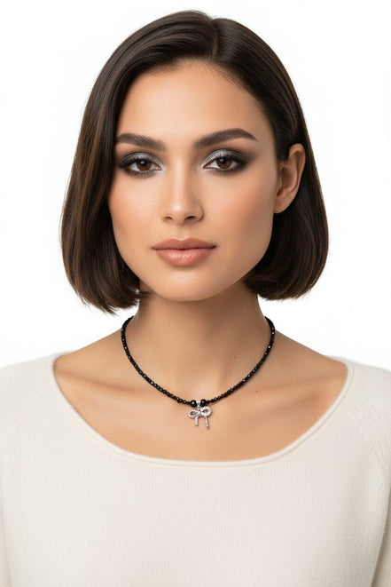 Colier din Argint cu Onix Fatetat și Pandantiv Fundă cu Zirconiu - OK Lux. All rights reserved. - Necklaces - 