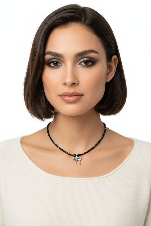 Colier din Argint cu Onix Fatetat și Pandantiv Fundă cu Zirconiu - OK Lux. All rights reserved. - Necklaces - 