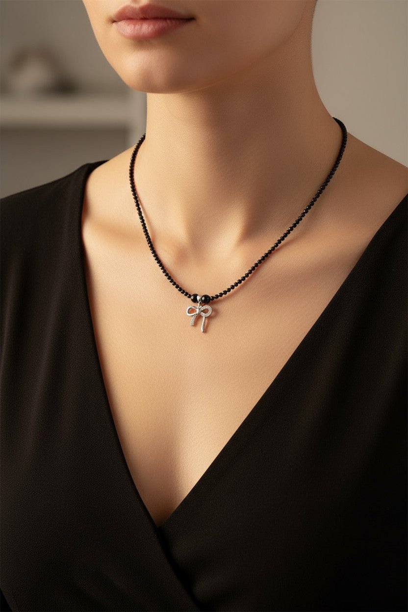 Colier din Argint cu Onix Fatetat și Pandantiv Fundă cu Zirconiu - OK Lux. All rights reserved. - Necklaces - 