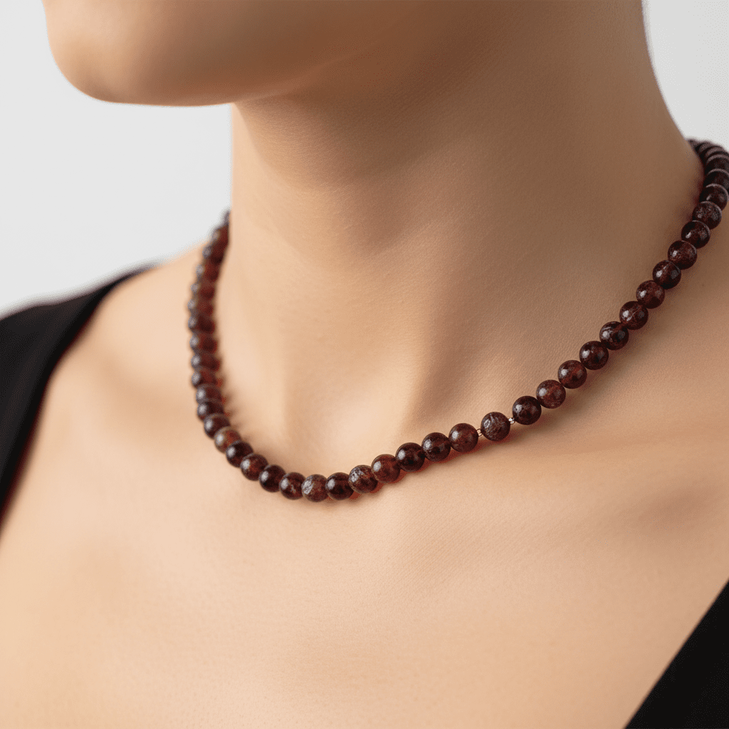 Colier din Argint cu Pietre Semiprețioase de Granat Nefatețat de 8 mm - OK Lux. All rights reserved. - Necklaces - 