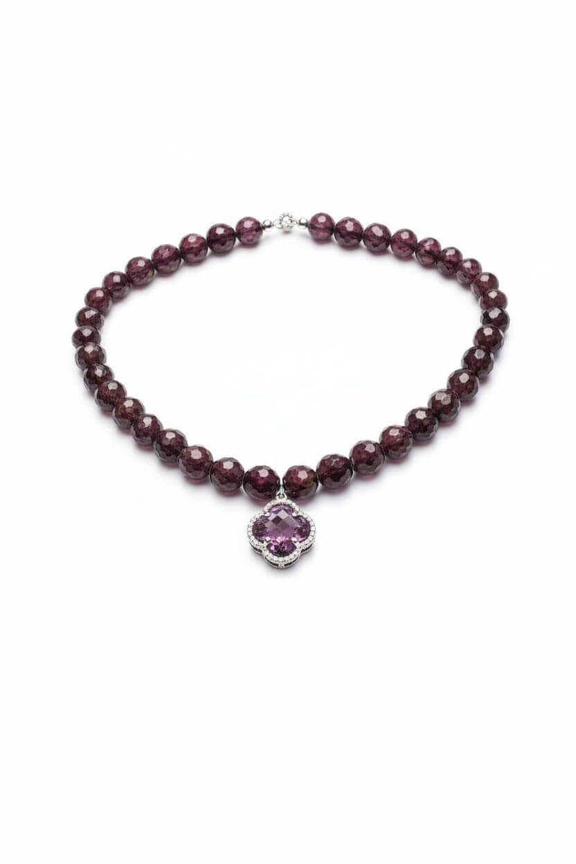 Colier elegant din argint cu granat fatetat 10mm și pandantiv - bijuterie handmade