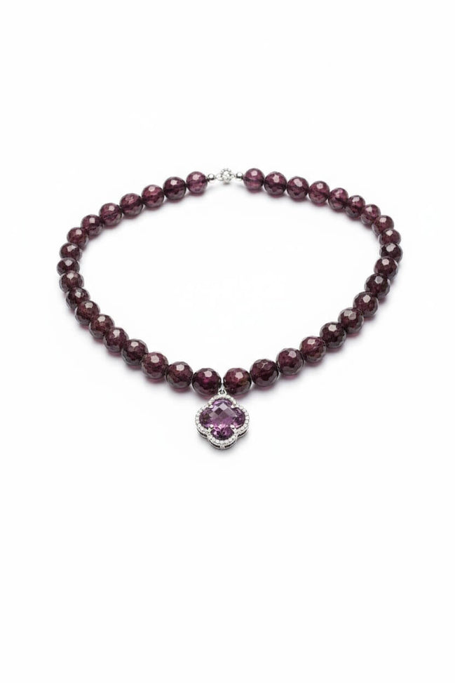 Colier elegant din argint cu granat fatetat 10mm și pandantiv - bijuterie handmade