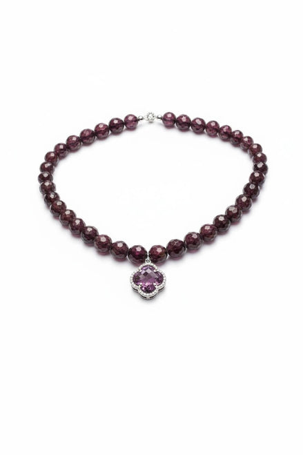 Colier elegant din argint cu granat fatetat 10mm și pandantiv - bijuterie handmade