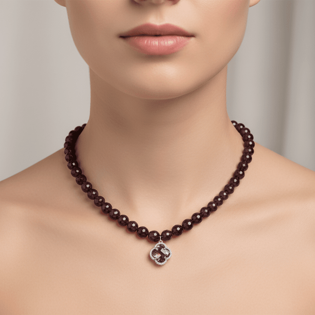 Colier din Argint și Granat Fațetat de 10 mm cu Pandantiv, 38 cm - OK Lux. All rights reserved. - Necklaces - 