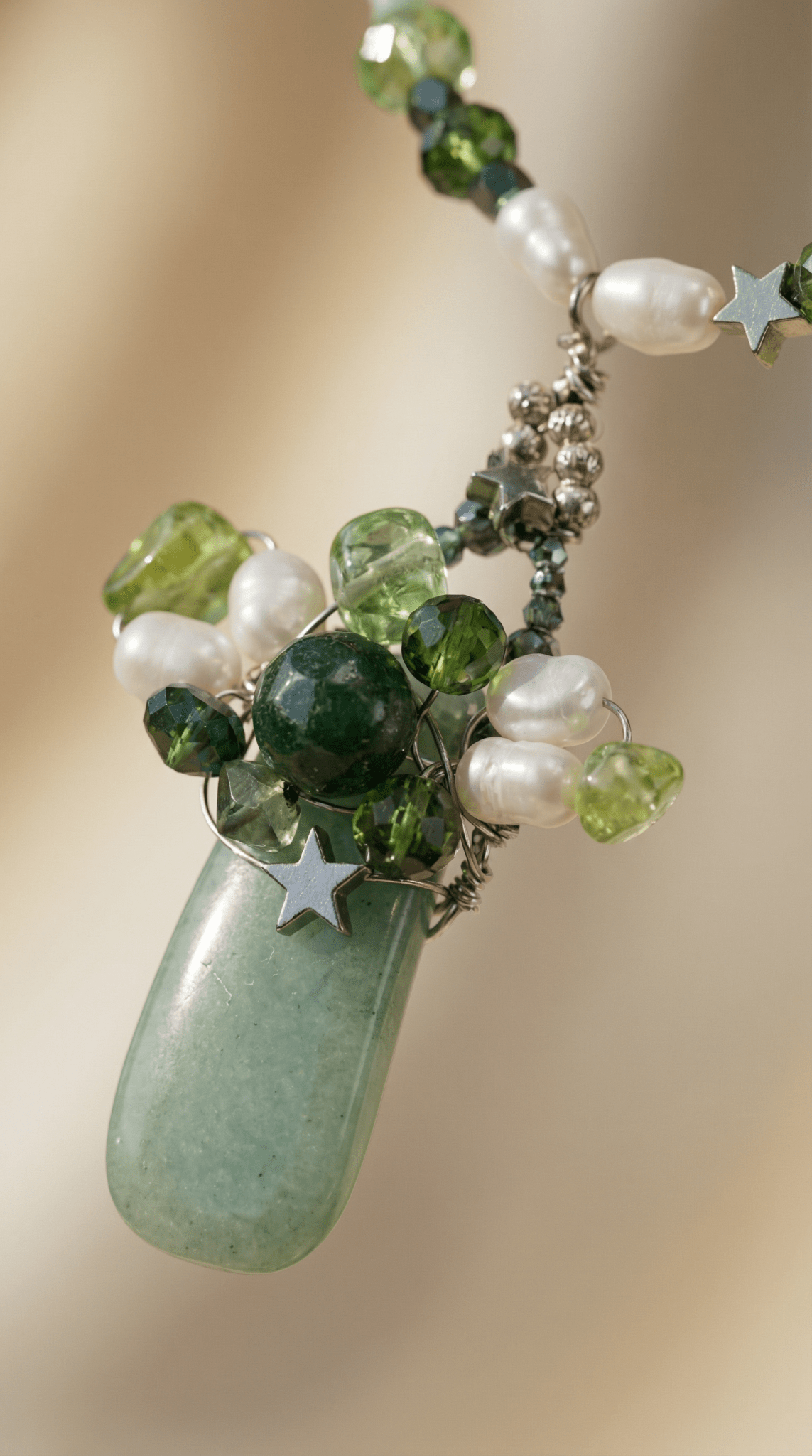 Colier din Aventurin și Perle Naturale cu Pandantiv Cluster și Stele - OK Lux. All rights reserved. - Necklaces - 