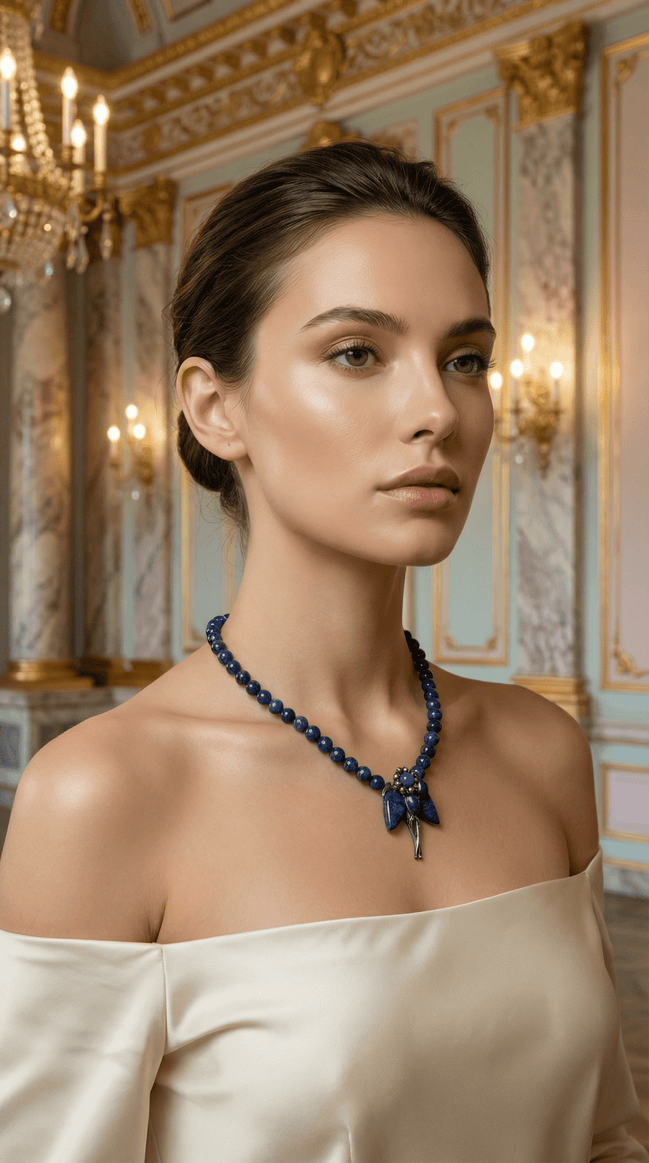 Colier din Lapis Lazuli cu Pandantiv Floral Stilizat și Accente Metalice - OK Lux. All rights reserved. - Necklaces - 