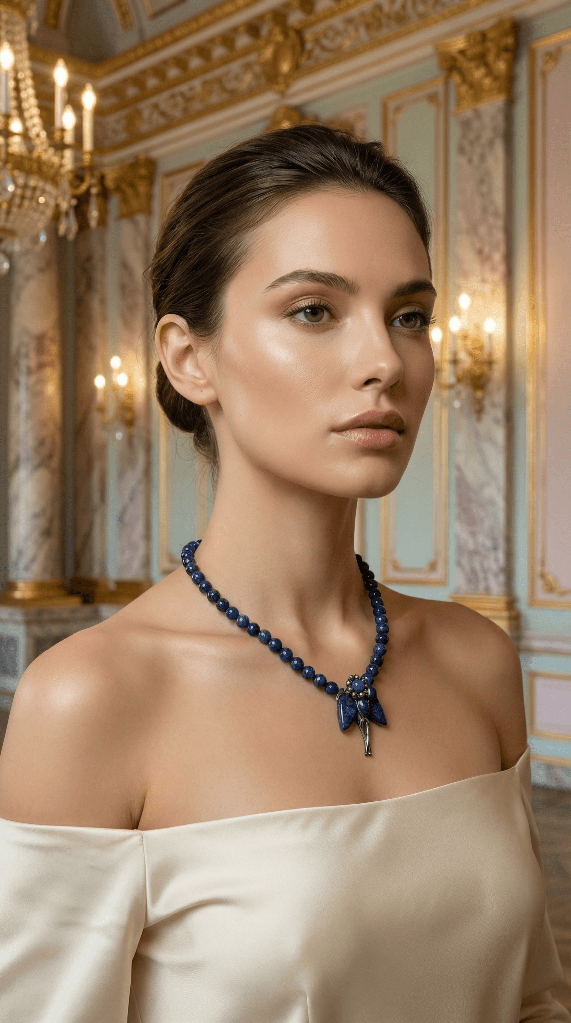 Colier din Lapis Lazuli cu Pandantiv Floral Stilizat și Accente Metalice - OK Lux. All rights reserved. - Necklaces - 