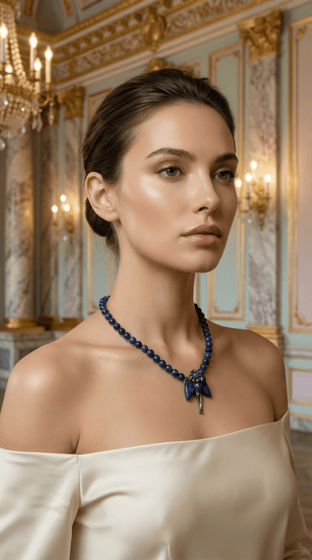 Colier din Lapis Lazuli cu Pandantiv Floral Stilizat și Accente Metalice - OK Lux. All rights reserved. - Necklaces - 
