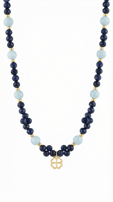 Colier din Lapis Lazuli și Acvamarin cu Pandantiv Trifoi - OK Lux. All rights reserved. - Necklaces - 