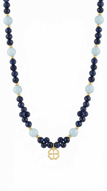 Colier elegant din lapis lazuli albastru și acvamarin cu pandantiv trifoi decorativ