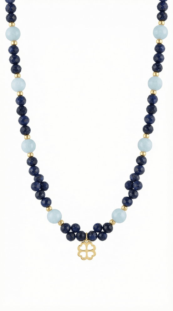 Colier elegant din lapis lazuli albastru și acvamarin cu pandantiv trifoi decorativ