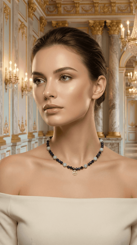 Colier din Lapis Lazuli și Acvamarin cu Pandantiv Trifoi - OK Lux. All rights reserved. - Necklaces - 