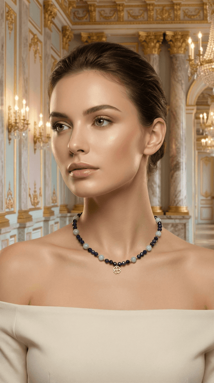 Colier din Lapis Lazuli și Acvamarin cu Pandantiv Trifoi - OK Lux. All rights reserved. - Necklaces - 