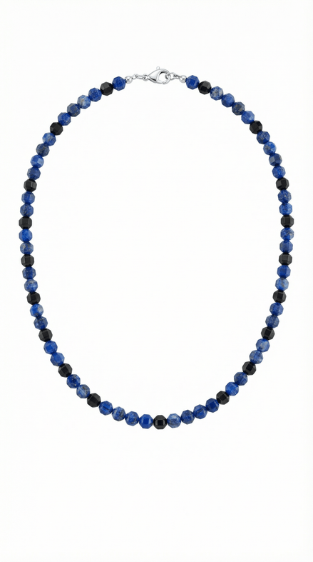 Colier elegant din lapis lazuli albastru și onix negru fatetat 4mm, lungime 54cm, argint