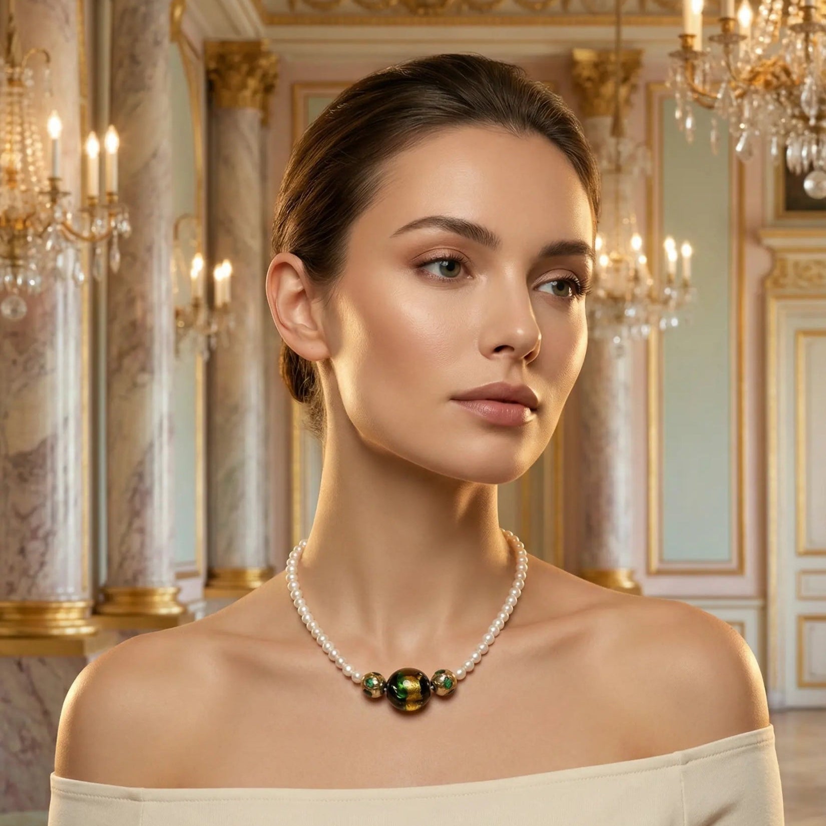 Colier din perle de cultură 6mm și piatră Murano cu mărgele emailate, vedere completă