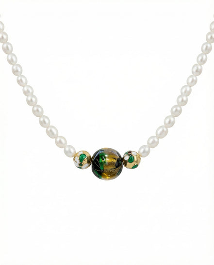 Colier handmade din perle de cultură neregulate și piatră Murano 12mm cu mărgele emailate 