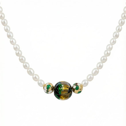 Colier handmade din perle de cultură neregulate și piatră Murano 12mm cu mărgele emailate 