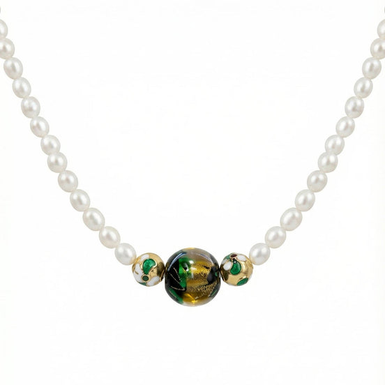Colier handmade din perle de cultură neregulate și piatră Murano 12mm cu mărgele emailate 