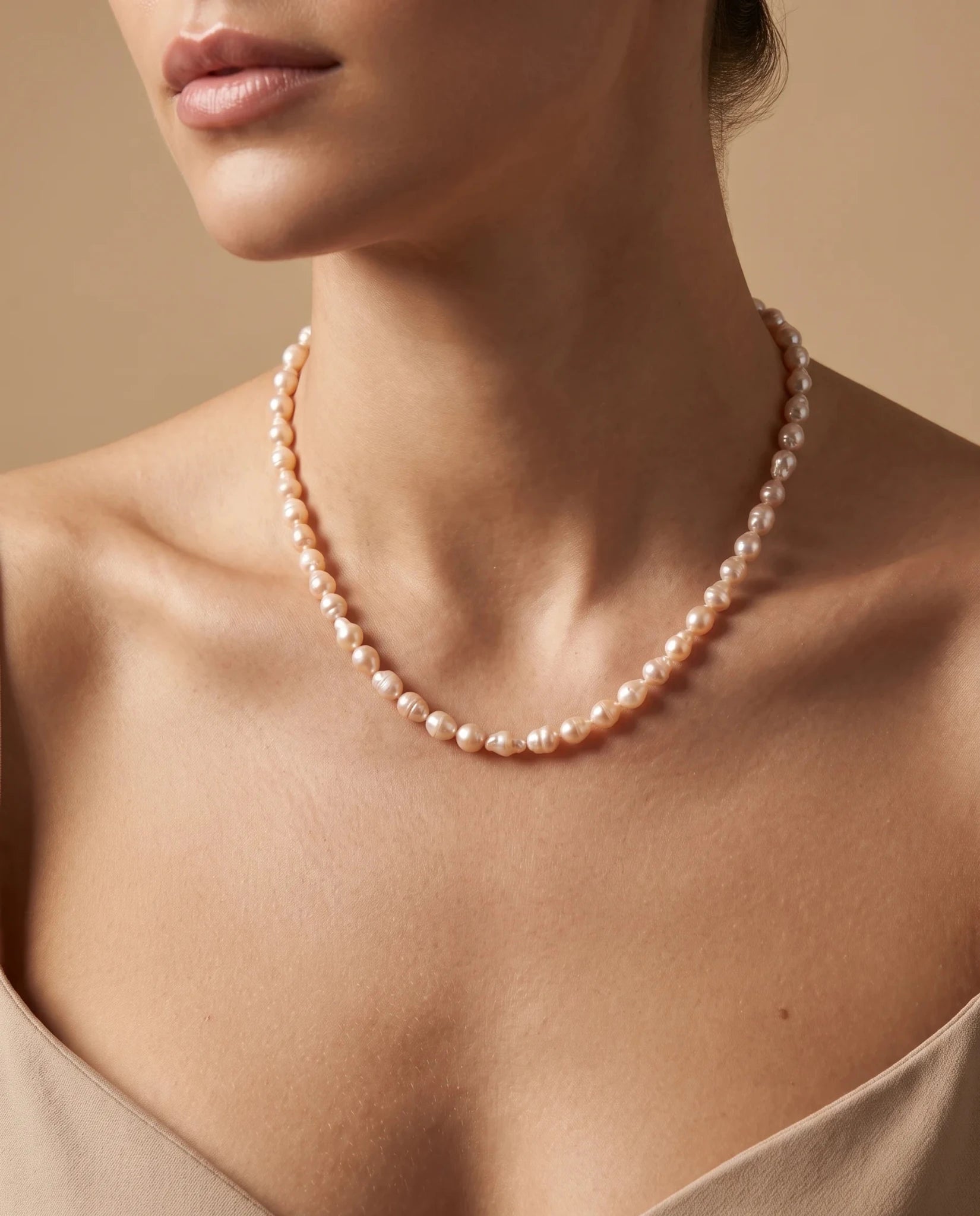 Colier din Perle Naturale Neregulate Piersică – Închizătoare din Oțel Inoxidabil | 45 cm - OK Lux. All rights reserved. - Bijuterii - 
