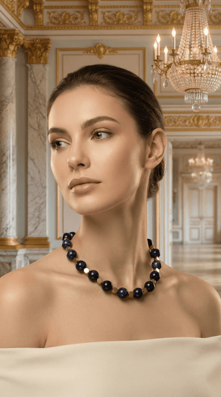 Colier din Piatra Soarelui Albastră și Hematit Auriu – Colecția Midnight - OK Lux. All rights reserved. - Necklaces - 